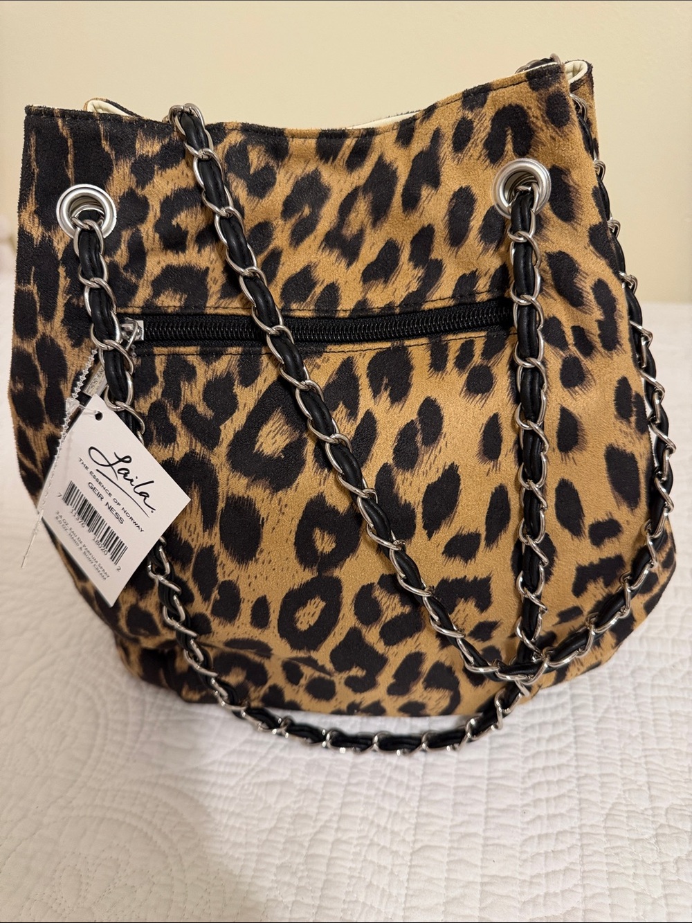 Reversible Leopard Print and Cream, Chain-Handle Bucket Bag -
